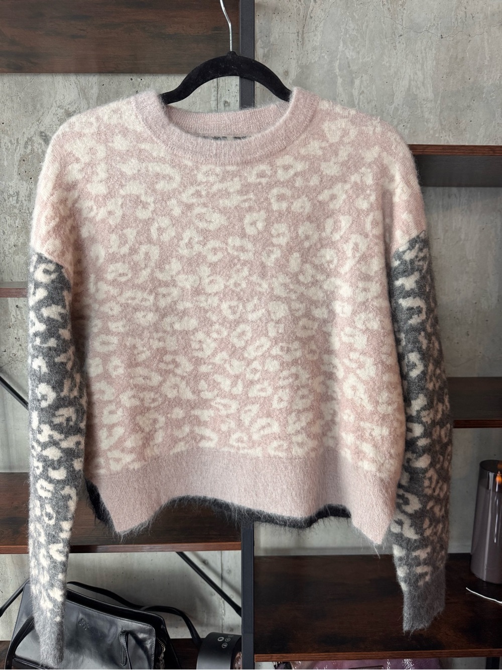 All Saints Pink, Cream, Gray Leopard-Print Crewneck Sweater - Size Small NWOT